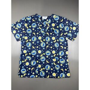 Scrubs Station USA Women's V Neck Scrub Top Moon Stars Night Sky Navy Blue New